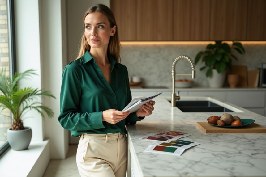 Femme élégante en blouse soie vert émeraude et pantalon crème