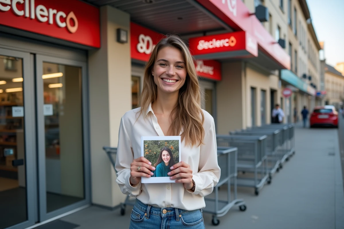 Jeune femme souriante tenant un livre photo devant un magasin