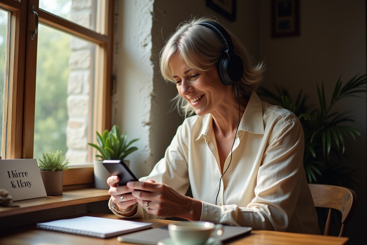 Femme mature écoutant de la musique en regardant son smartphone