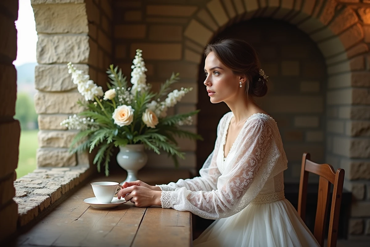 Femme en robe de mariée assise près d une table en intérieur vintage