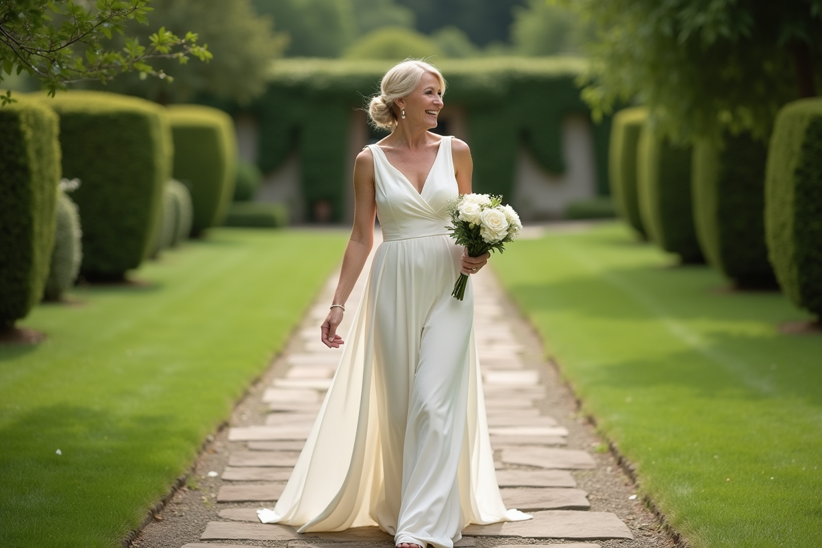 Femme en robe de mariée dans un jardin verdoyant
