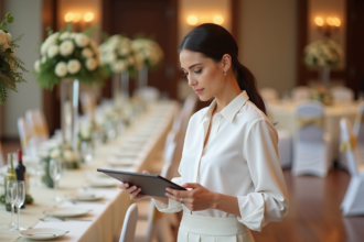 Femme en tenue professionnelle prépare une réunion dans une salle moderne