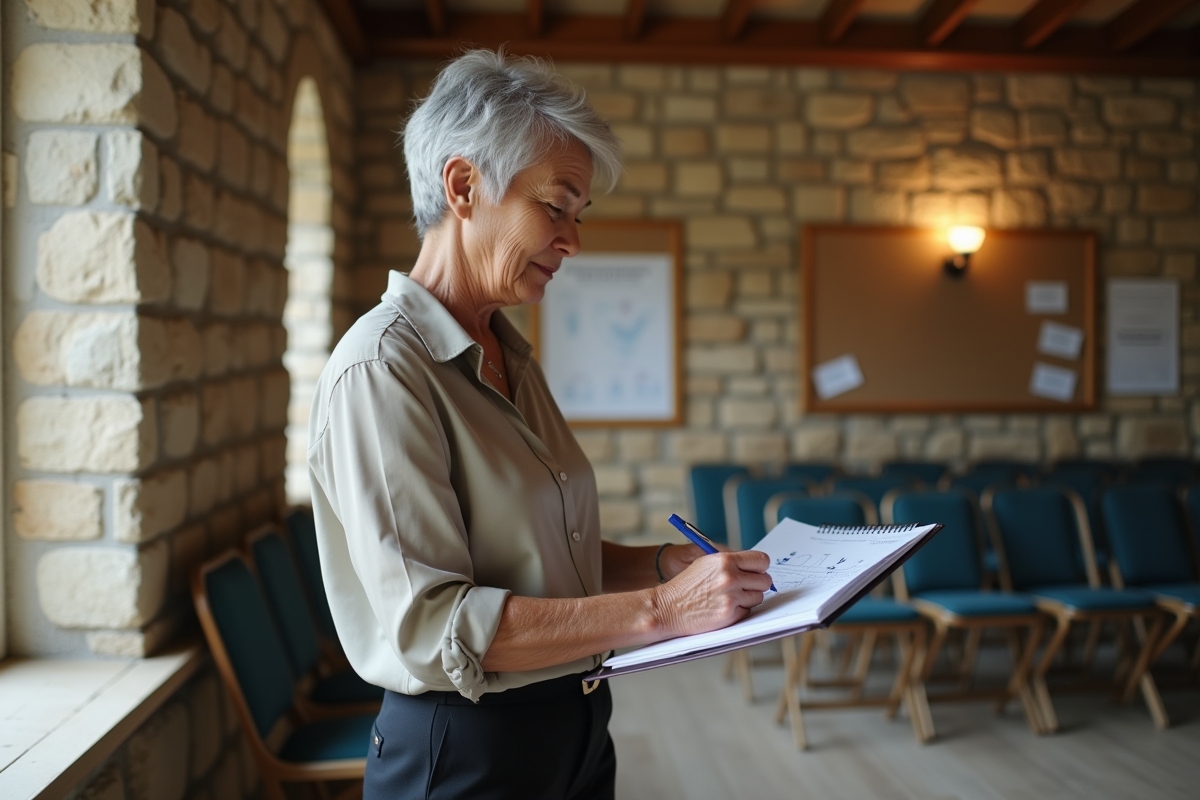 Femme mature esquissant un plan de table dans une salle rustique