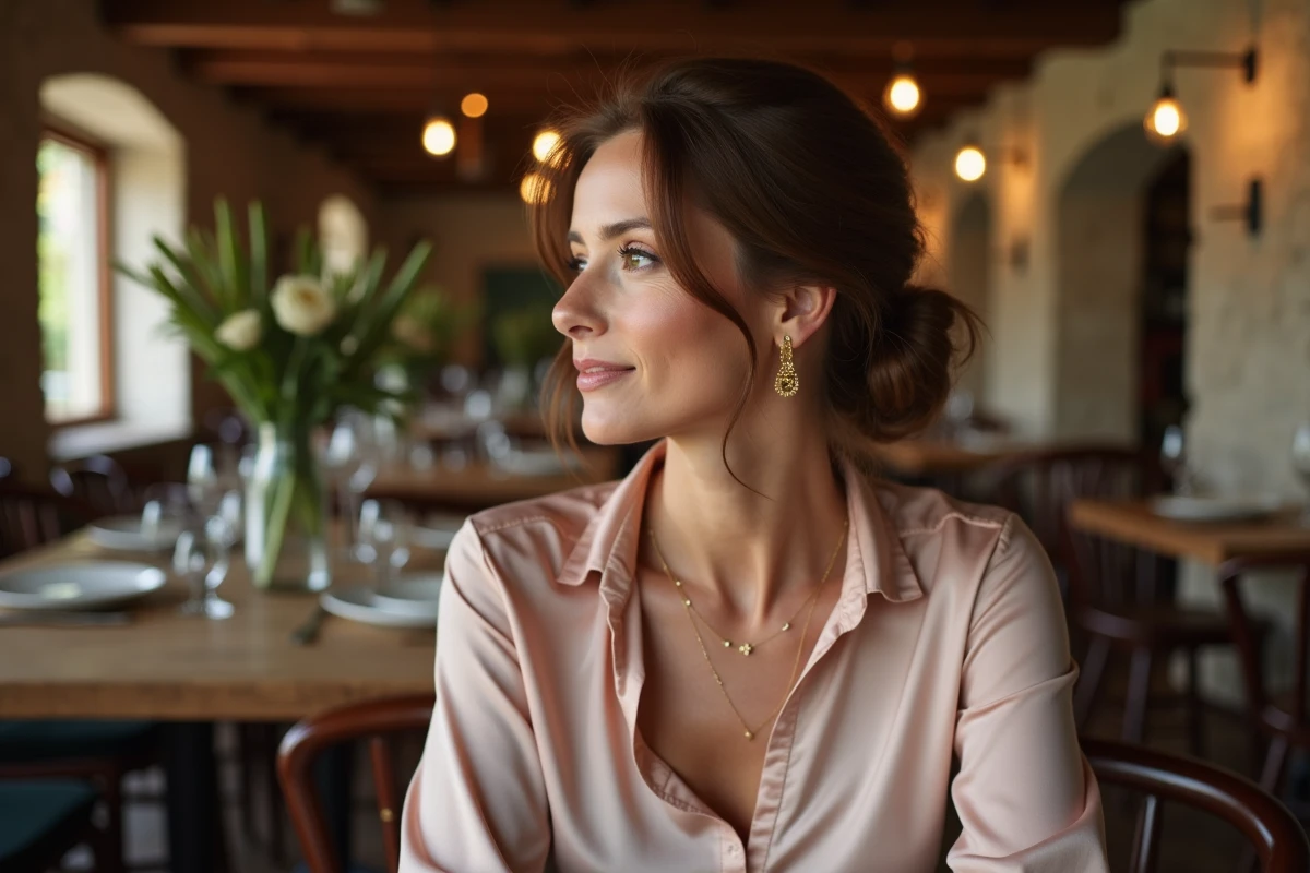 Femme élégante en blouse rose soie assise dans un restaurant en pierre, regard pensif et bijoux dorés, atmosphère intime d'une célébration de mariage