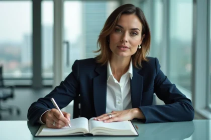 Femme en blazer et blouse blanche dans un bureau moderne