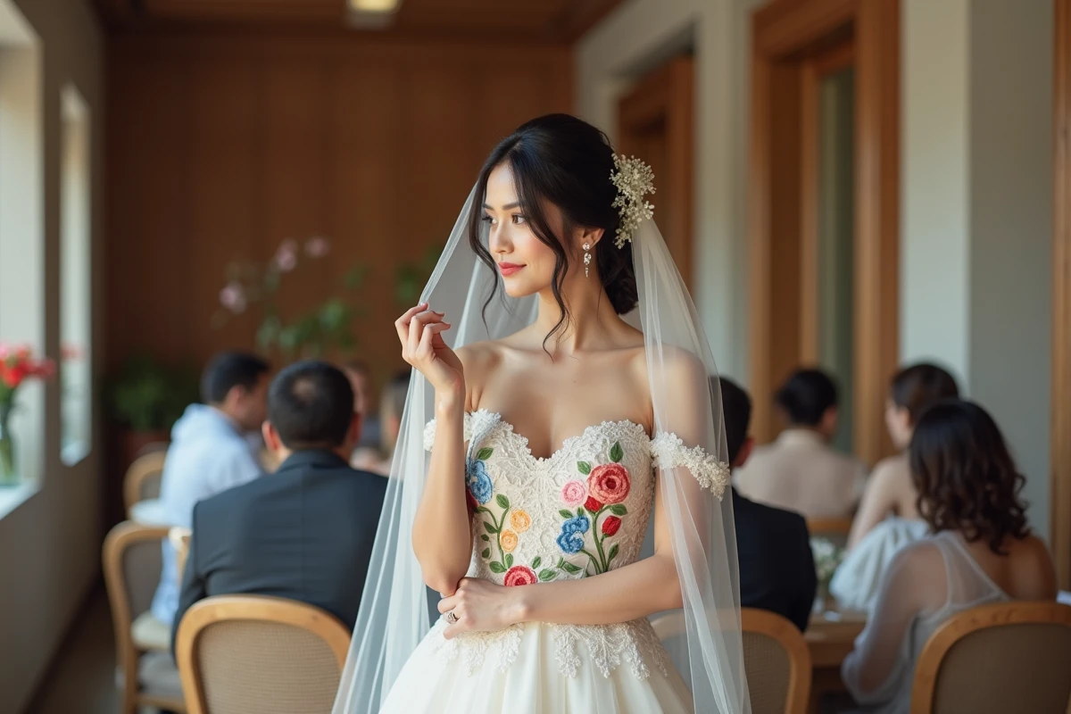 Femme ajustant son voile dans un lieu moderne et floral