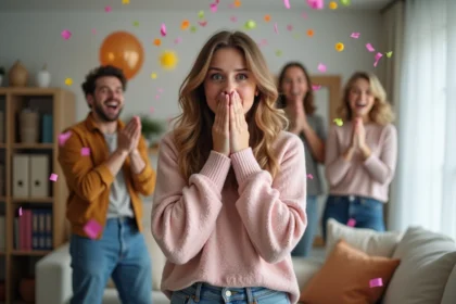 Jeune femme surprise en fête dans un salon scandinave