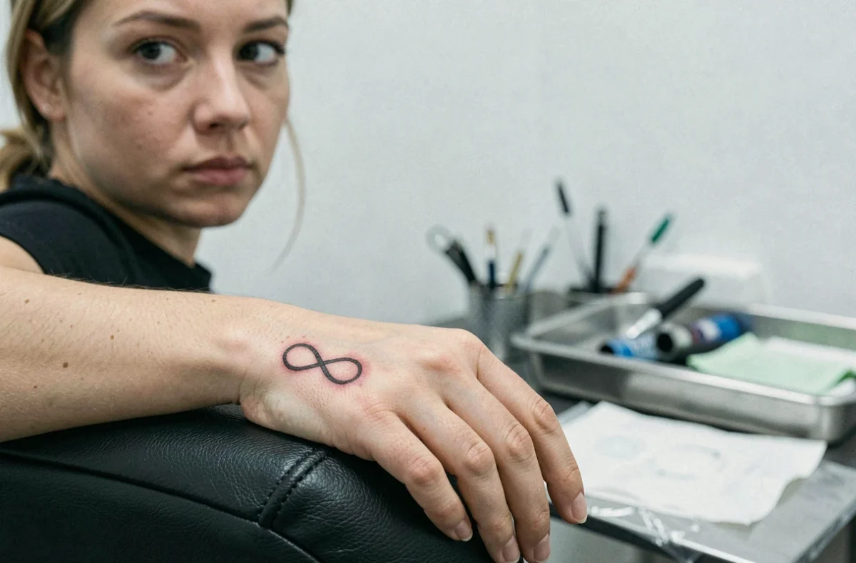 Femme observant son tatouage alliance infini fraîchement réalisé sur le doigt avec une expression pensive