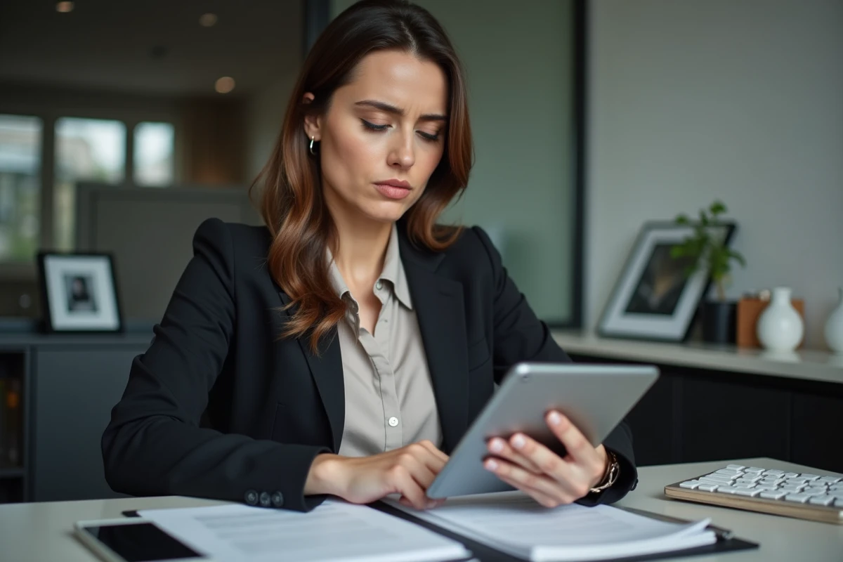 Femme professionnelle regardant un article sur tablette
