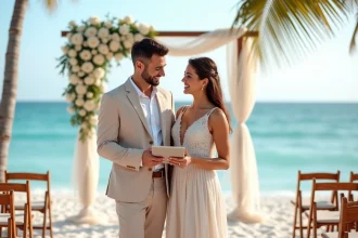 Jeune organisatrice de mariage en pastel avec couple en extérieur