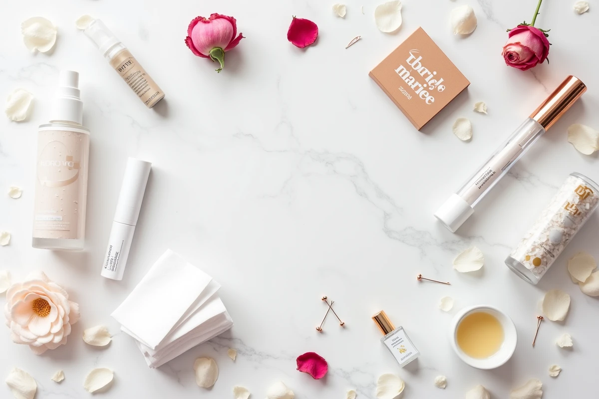 Flatlay des indispensables beauté du kit de survie mariée 2026 sur marbre blanc avec accessoires dorés