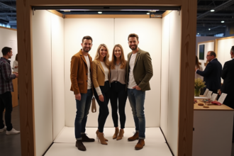 Groupe d'amis souriants dans un photobooth moderne lors d'un événement