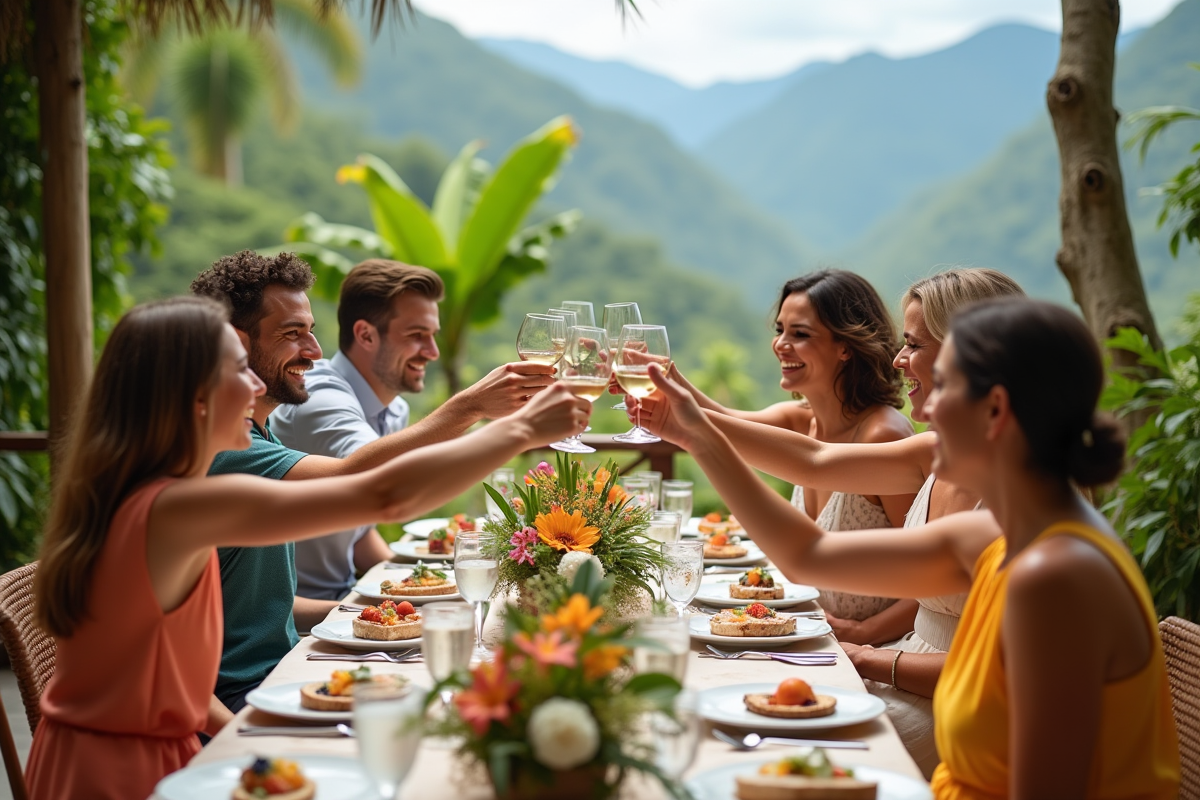 Groupe d invités de mariage levant leurs verres en toast