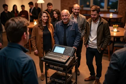 Groupe de personnes autour d'une console de son lors d'un événement