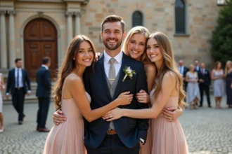 Groupe d'amis en tenue de mariage devant une église européenne