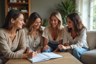 Femmes souriantes discutant autour d'un cahier dans un salon chaleureux