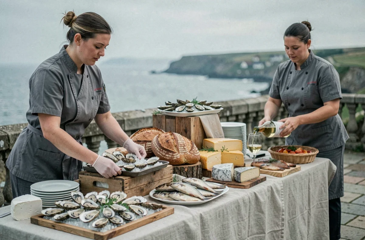 Buffet de mariage marin des Hermelles Traiteur avec huîtres et spécialités bretonnes sur terrasse côtière