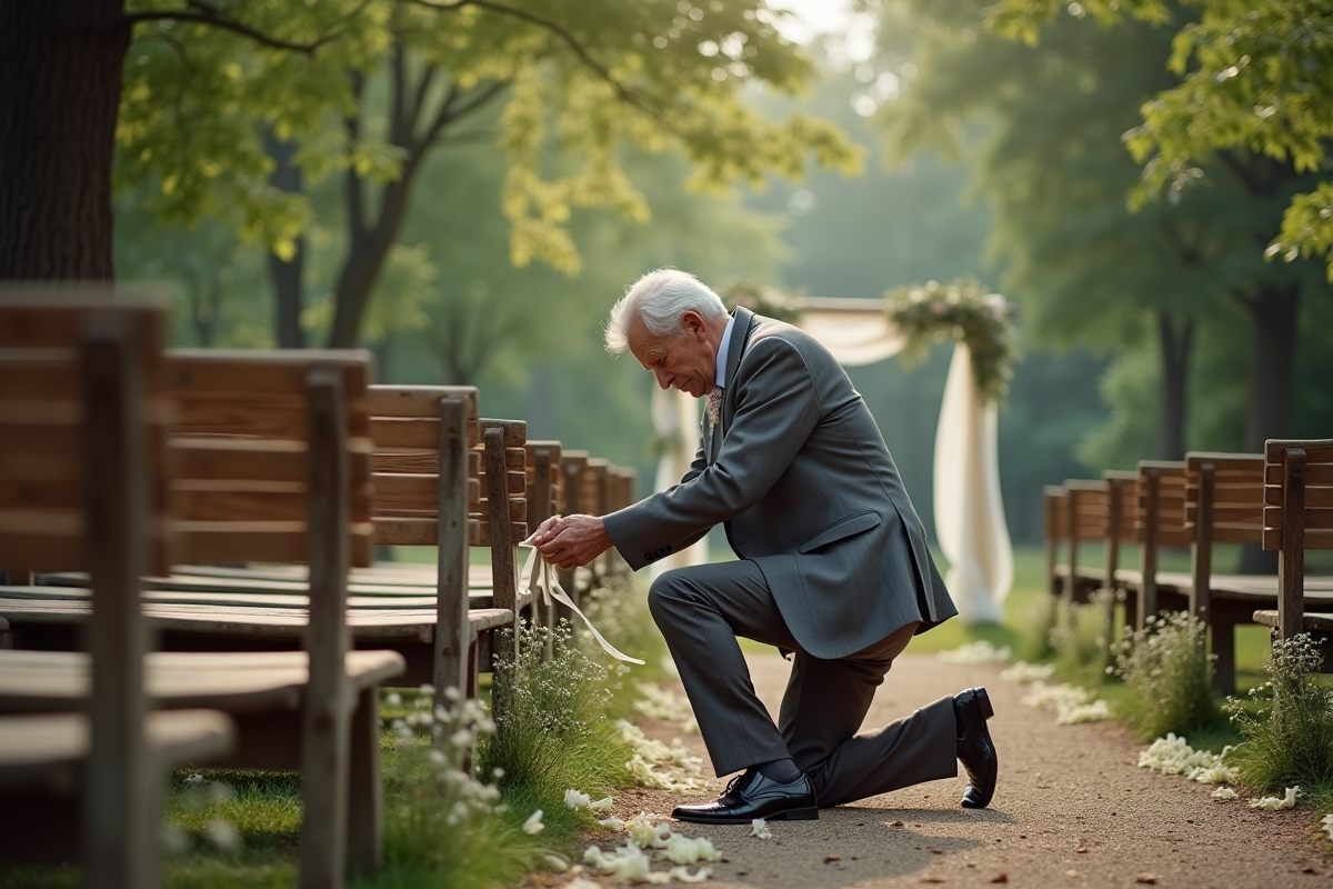 Homme en costume attachant un ruban sur un banc en plein air