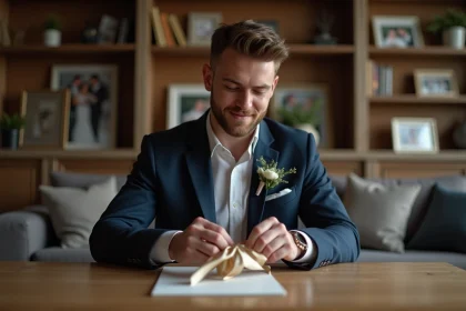 Homme en costume marine préparant un cadeau mariage