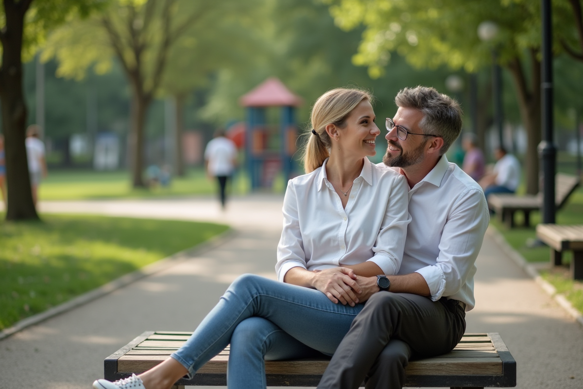 Homme marié embrassant sa partenaire dans un parc urbain