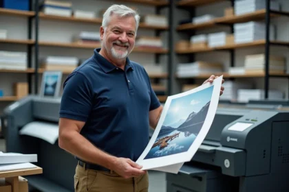 Homme d'âge moyen examinant une affiche dans un atelier d'impression