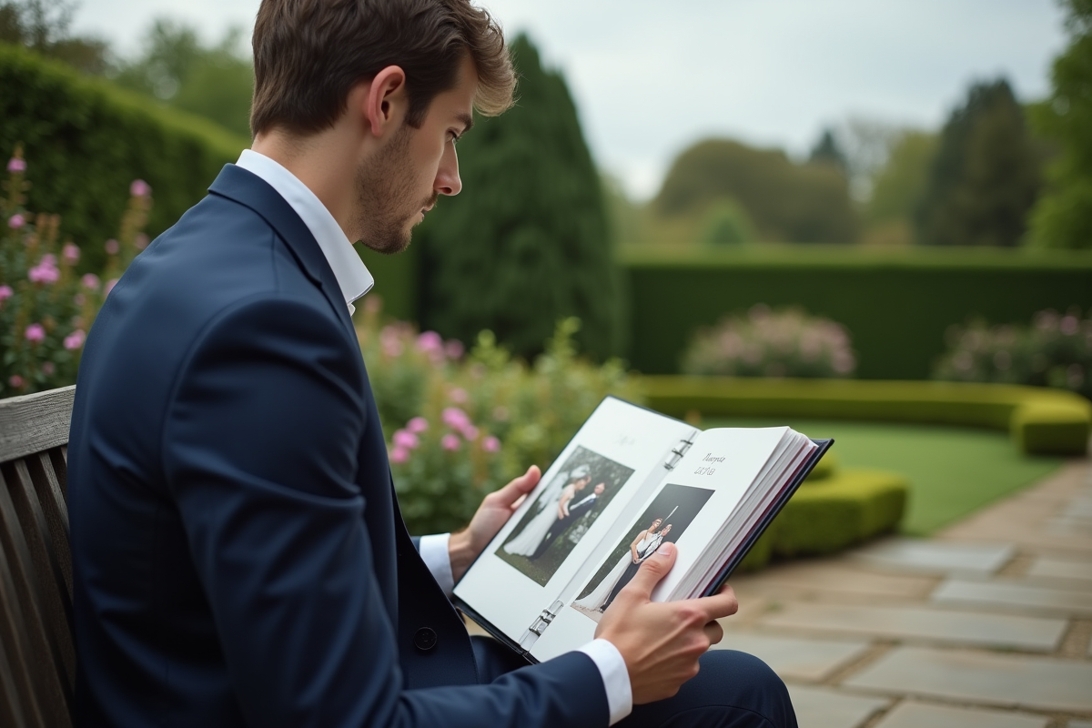 Homme dans le jardin feuilletant un album photo de mariage
