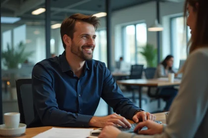 Homme marié au bureau regardant discrètement une collègue avec un sourire retenu, alliance visible à la main