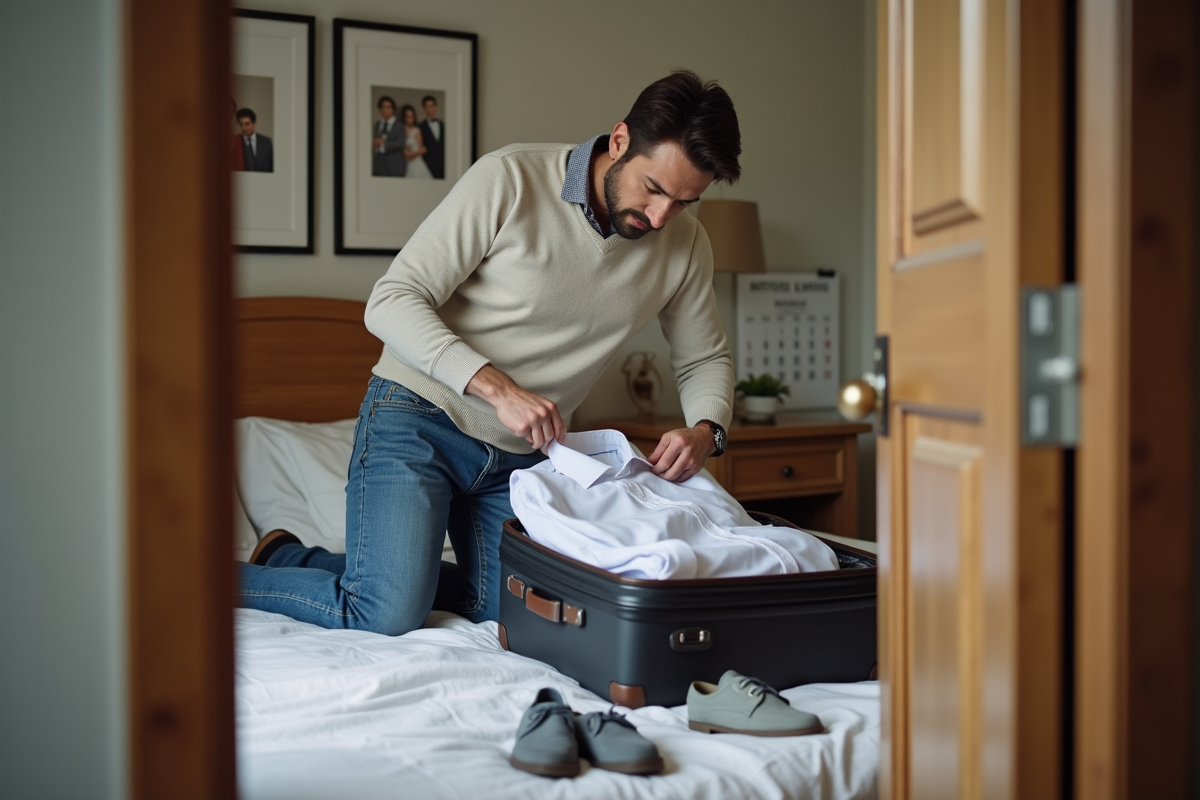 Homme pliant une chemise dans sa valise dans la chambre