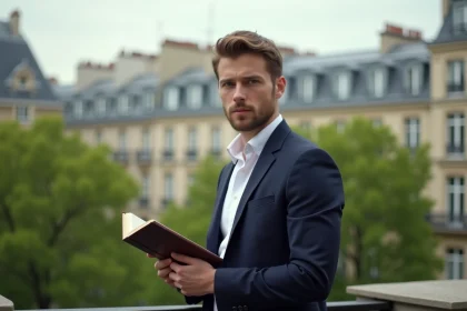 Homme pensif sur un balcon parisien avec livre