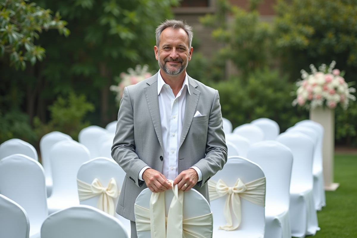 Homme attachant un ruban sur une chaise de mariage en extérieur