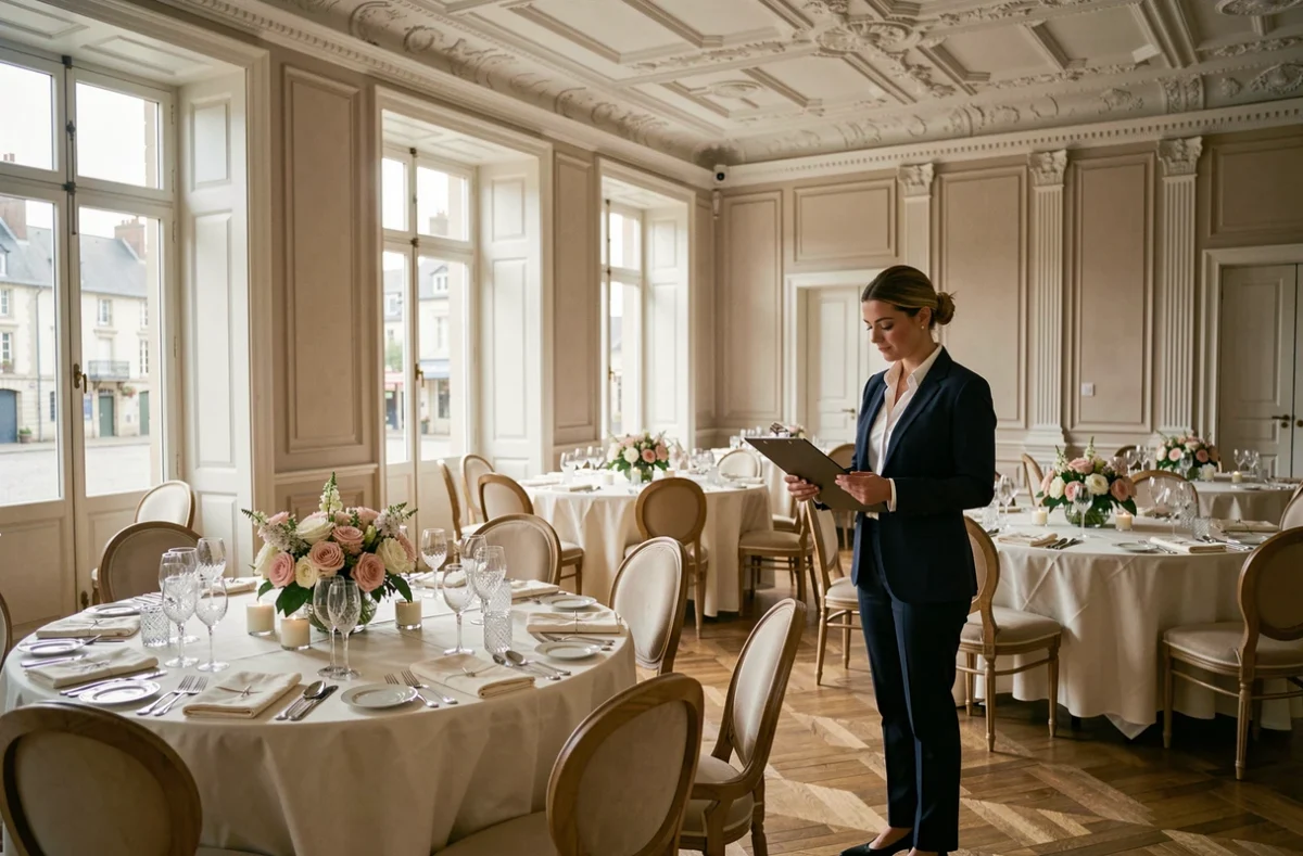 Salle de réception mariage de l'Hôtel de France en Bretagne avec décoration élégante et tables dressées