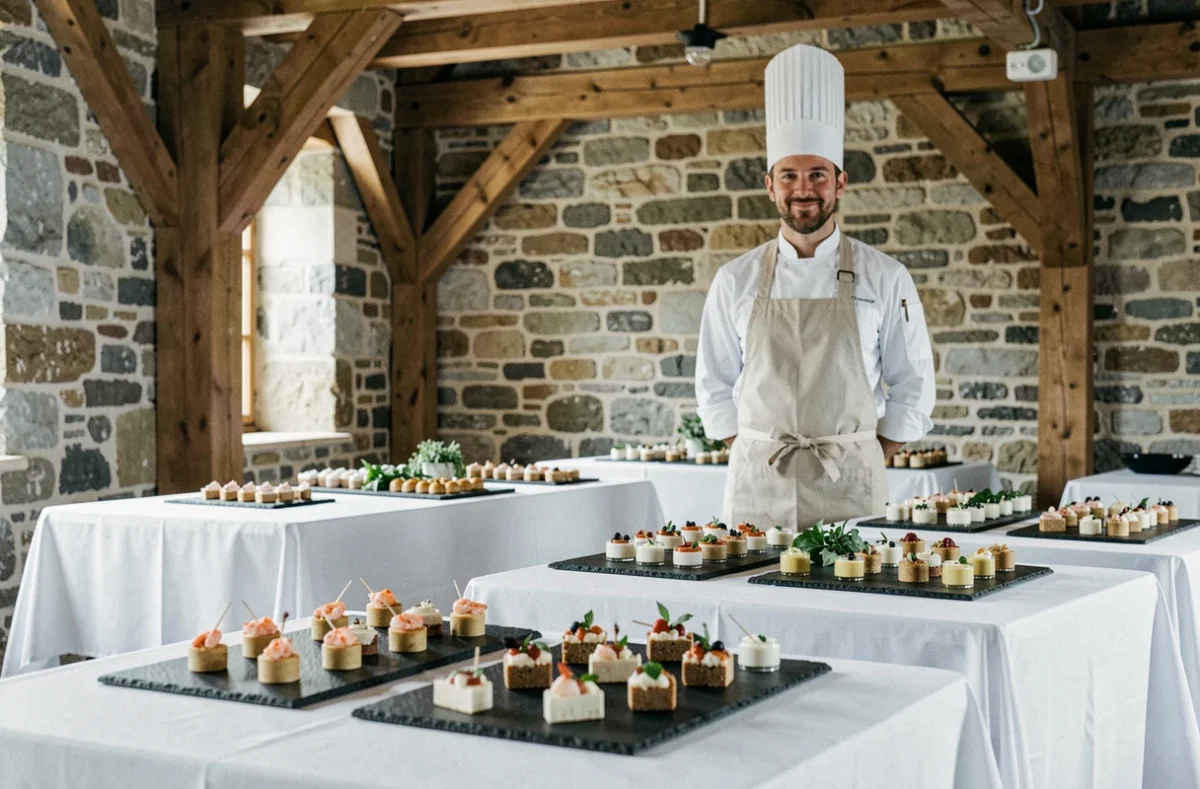 Chef de L'Instant Réception présentant un cocktail mariage raffiné dans une salle bretonne en pierre