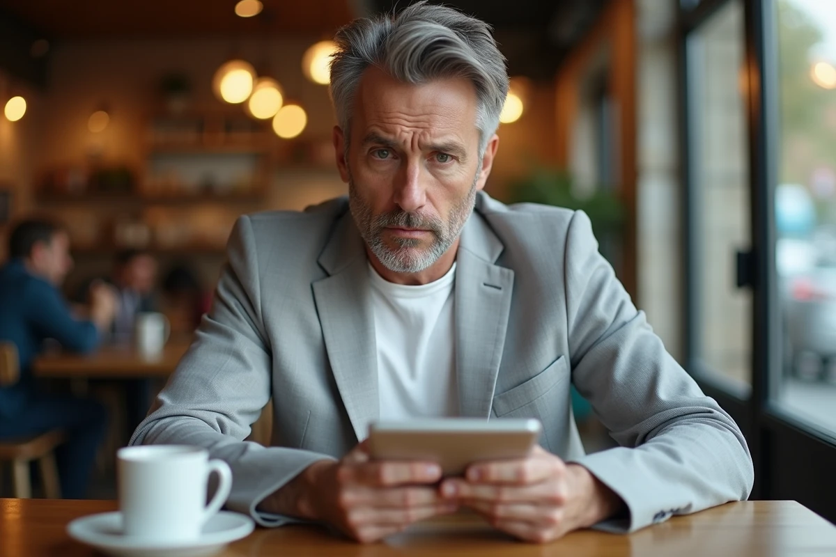 Homme dans un café consultant un formulaire RSVP défaillant sur un site internet de mariage