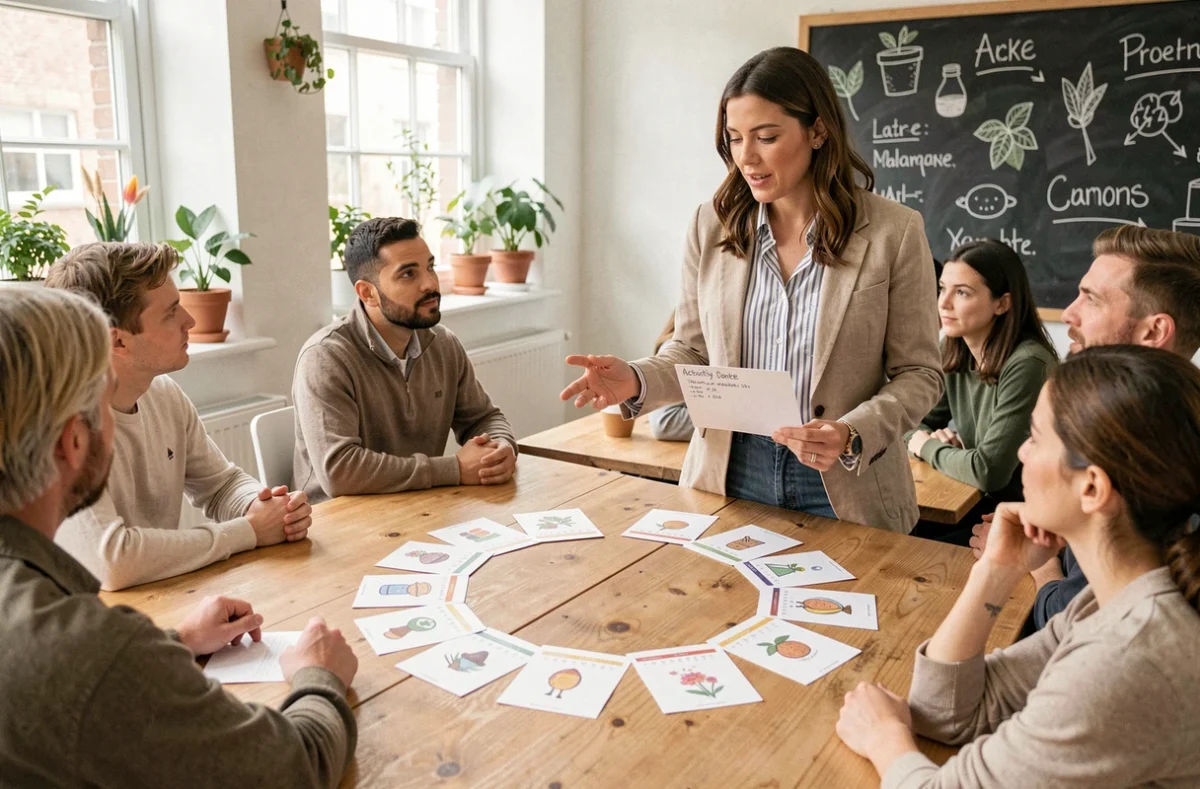 Animatrice présentant le jeu des douze mois autour d'une table avec des participants attentifs