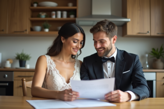 Jeune couple en mariage dans une cuisine chaleureuse