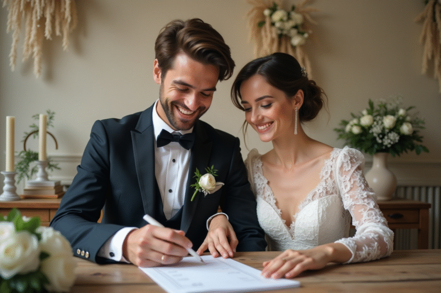 Jeune couple de mariés vérifiant une liste de mariage