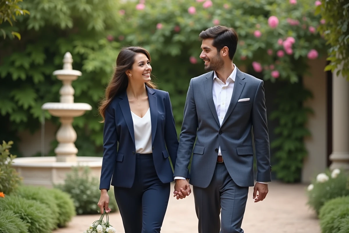 Jeune couple en costume marchant dans un jardin après mariage