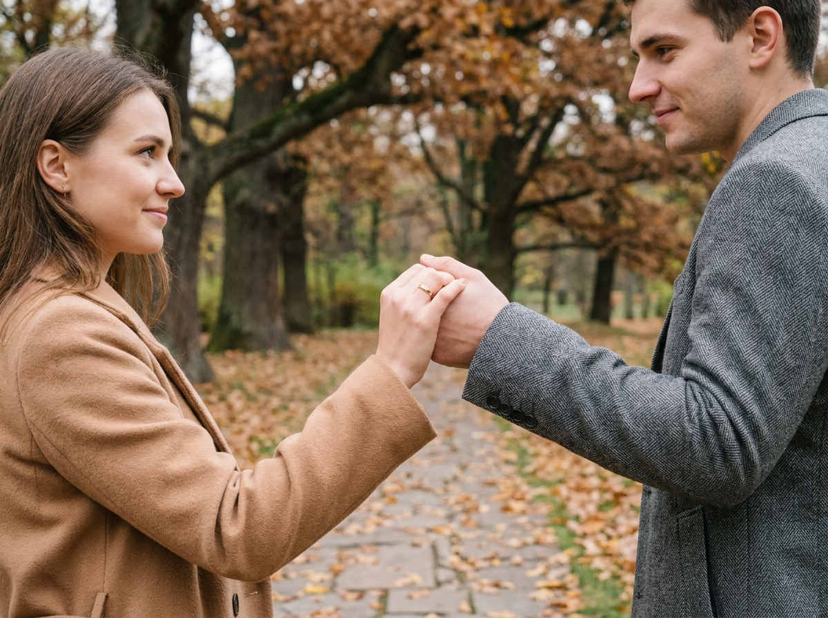 Jeune couple marié main dans la main dans un parc en automne avec des alliances en or visibles