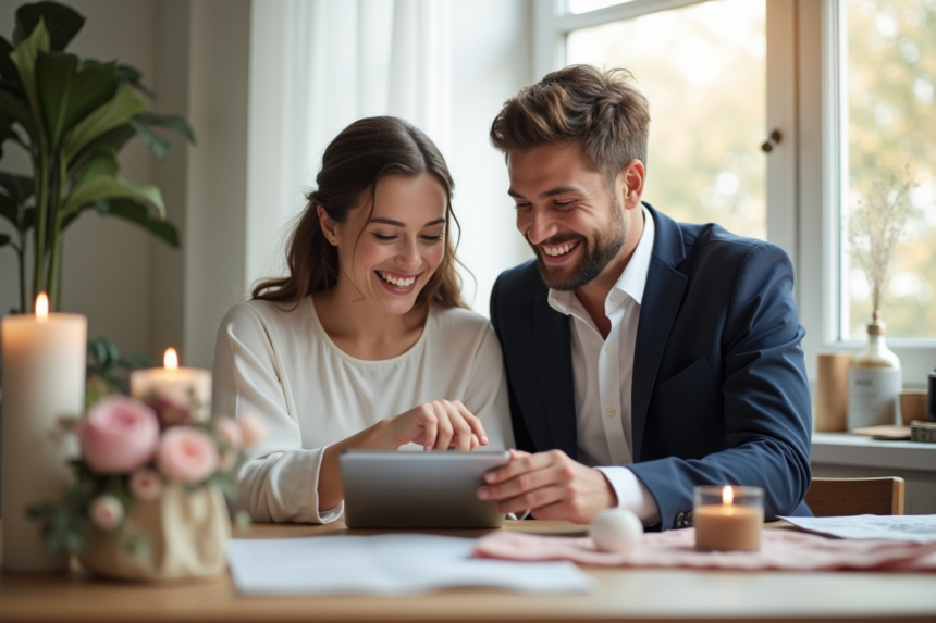 Jeune couple planifiant mariage avec tablette dans cuisine lumineuse