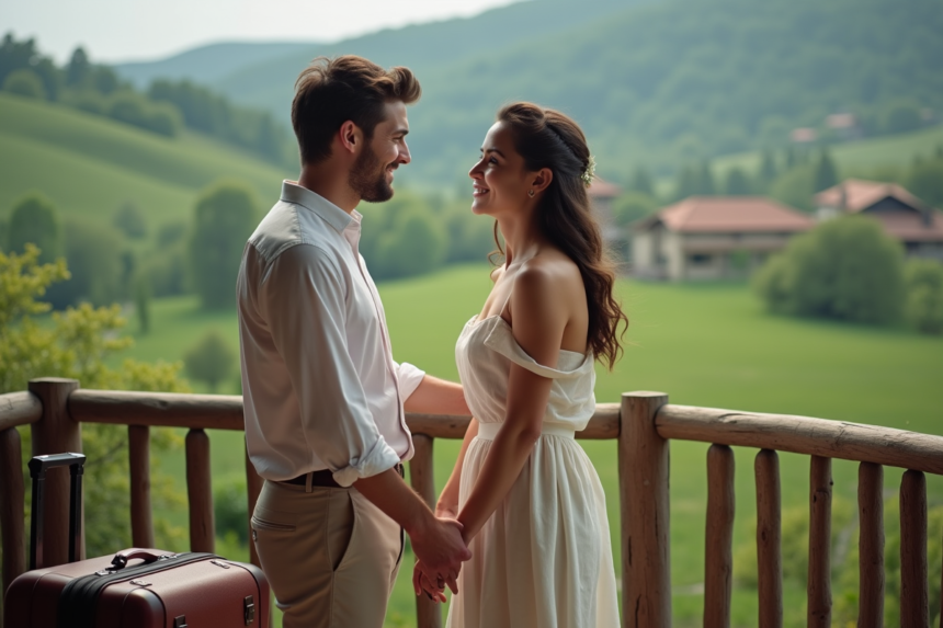 Jeune couple de mariés sur un balcon rural en voyage