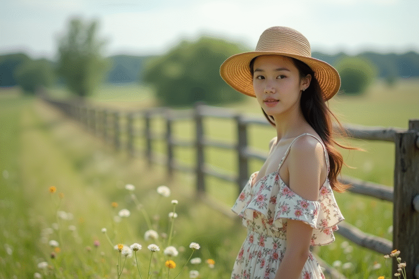 Jeune femme en robe fleurie dans un champ verdoyant