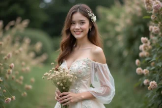 Jeune femme en robe de mariage florale dans un jardin