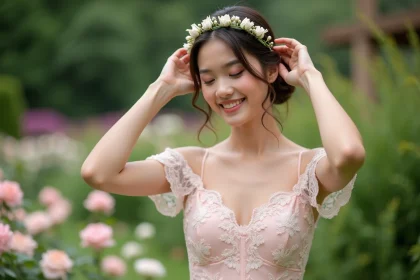 Jeune femme en robe de mariage élégante dans un jardin