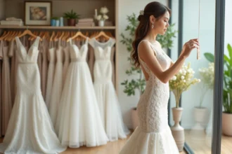 Jeune femme en robe de mariée dans une boutique moderne