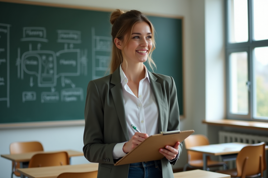 Jeune femme en classe prenant des notes avec enthousiasme