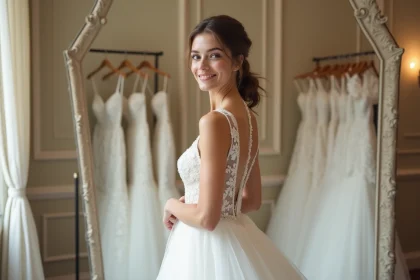 Jeune femme souriante devant un miroir dans une boutique de mariage