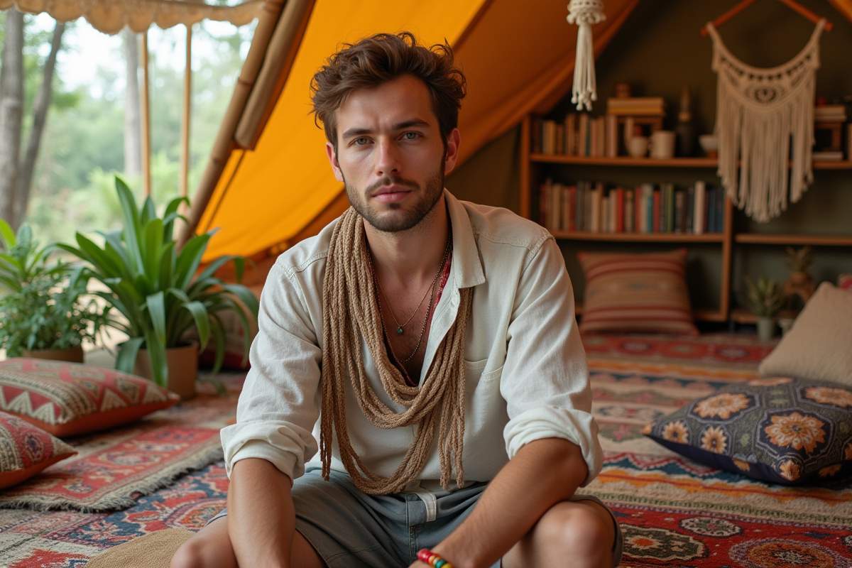 Jeune homme en intérieur dans une ambiance bohème