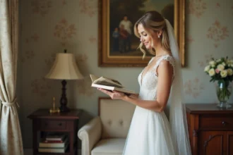 Jeune mariée en robe blanche tenant un album photo ancien