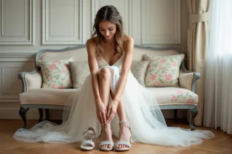 Jeune mariée assise montrant ses sandales argentées élégantes