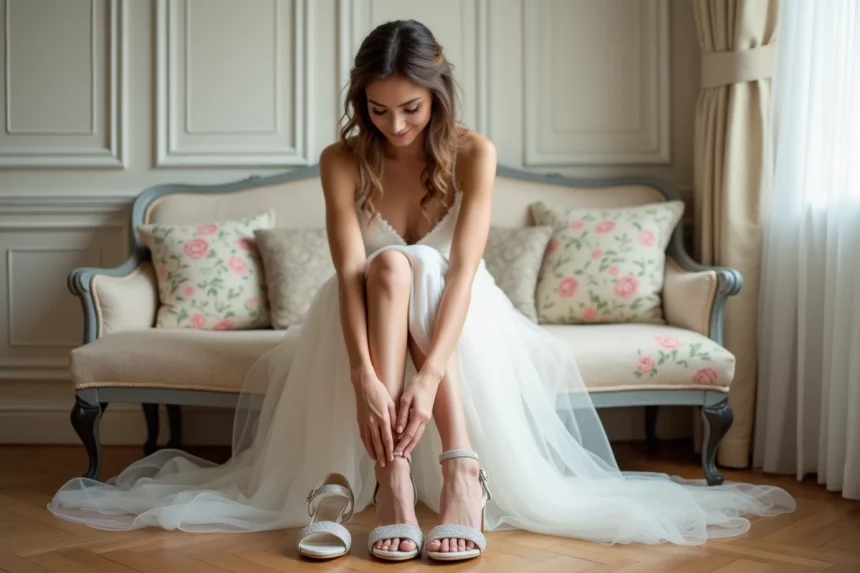 Jeune mariée assise montrant ses sandales argentées élégantes